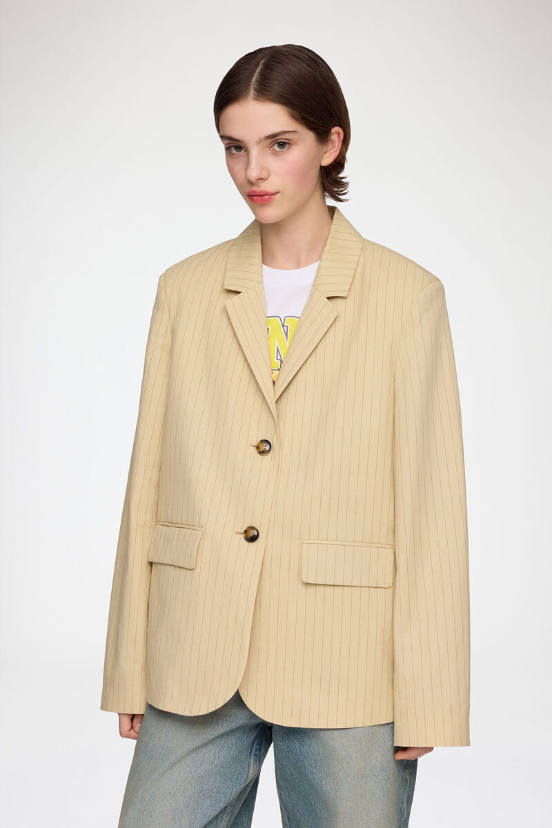 Blazer in Beige Suiting, Organic Cotton, in colour Summer Sand - 1 - GANNI