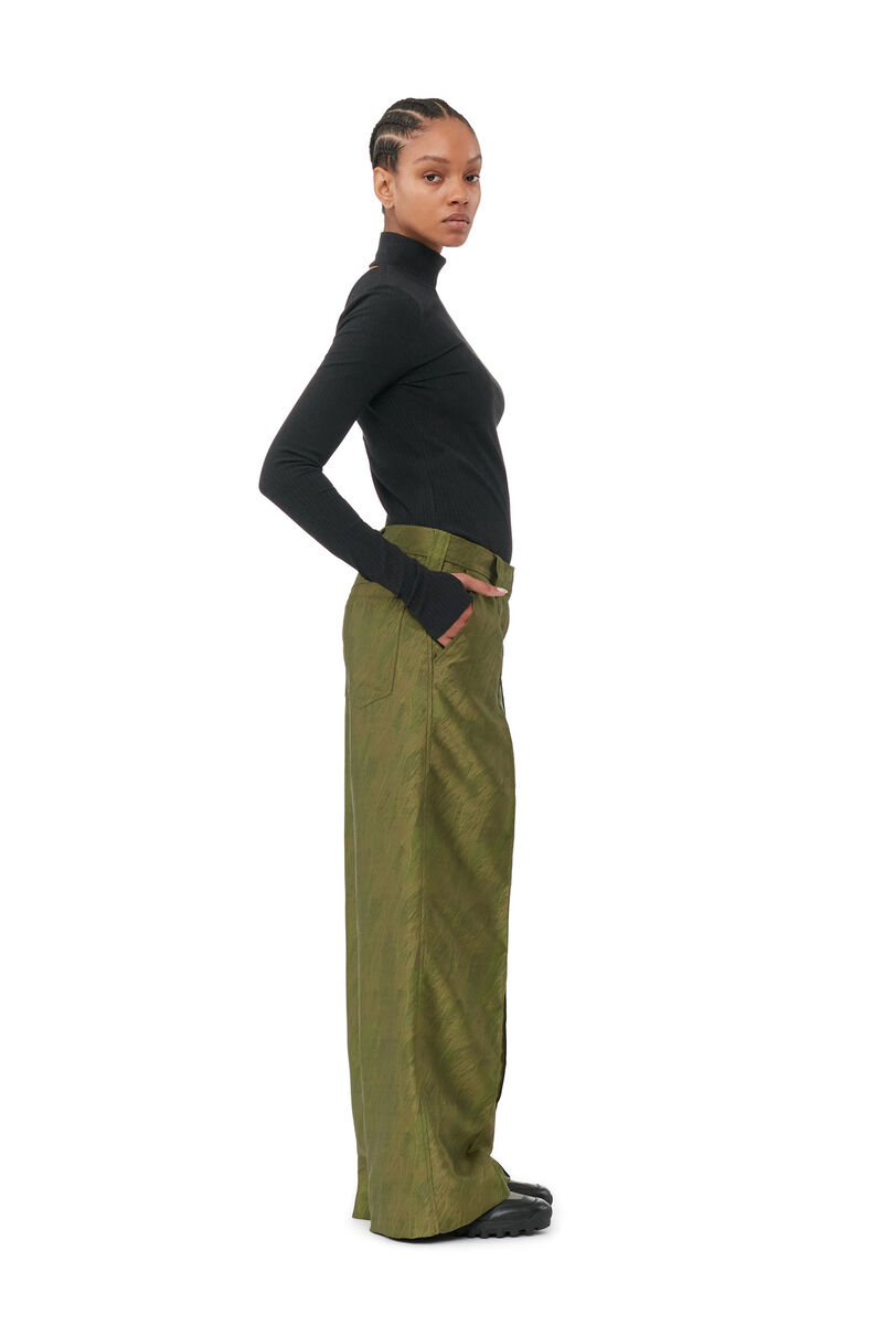 Shiny Jacquard Lowrise Trousers, Polyester, in colour Avocado - 2 - GANNI