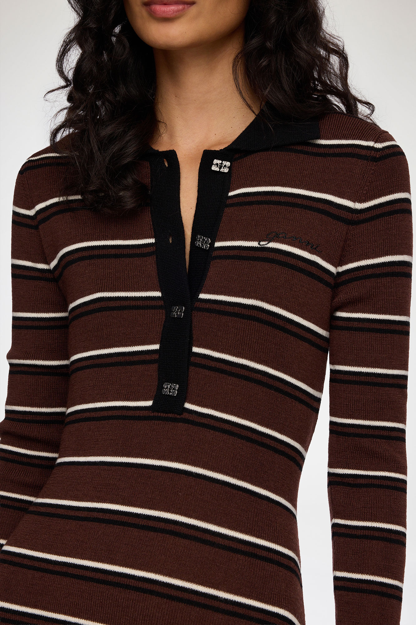 Polo Dress in Striped Merino, Wool, in colour Multicolour - 3 - GANNI
