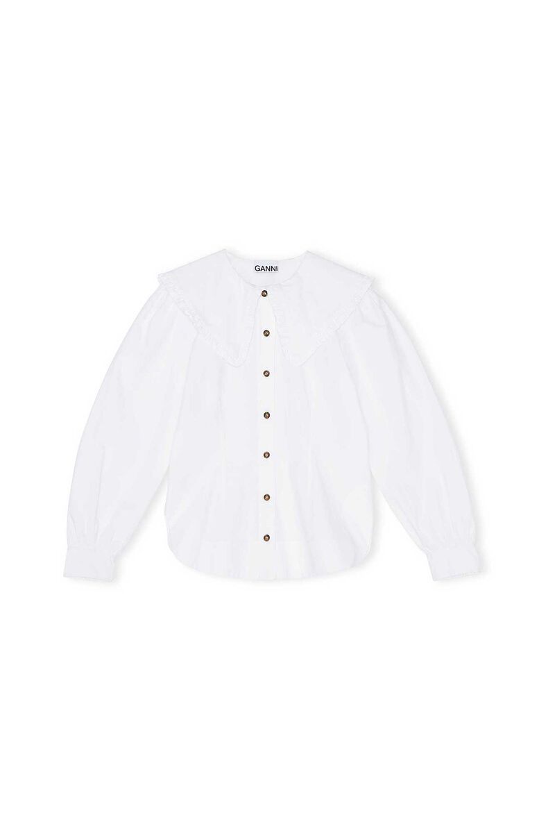 White Frill Collar Poplin Shirt, Cotton, in colour Bright White - 1 - GANNI