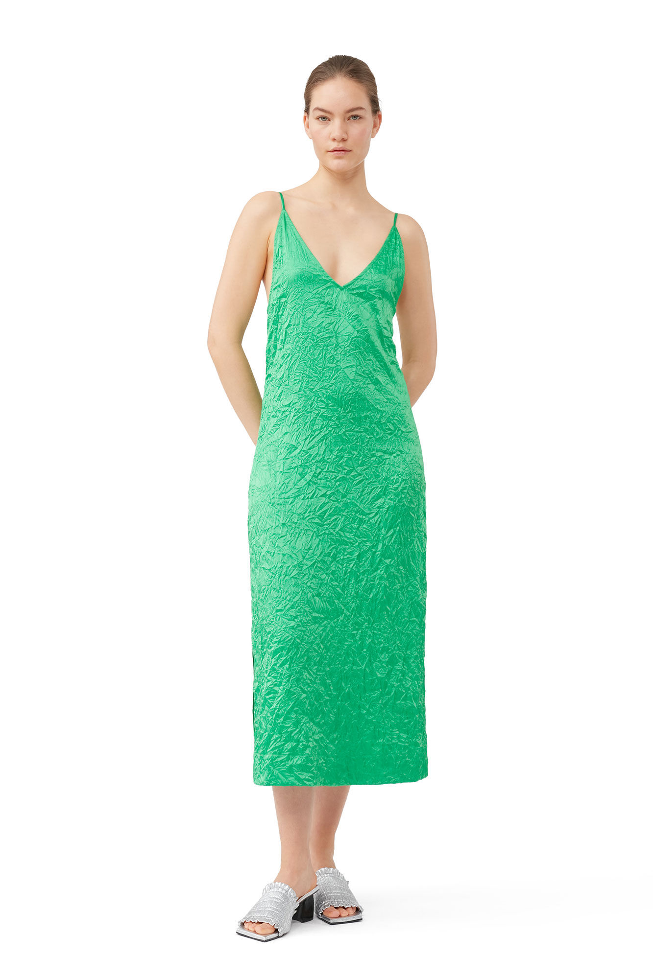 Bright Green Green Crinkled Satin Slip Dress GANNI AU