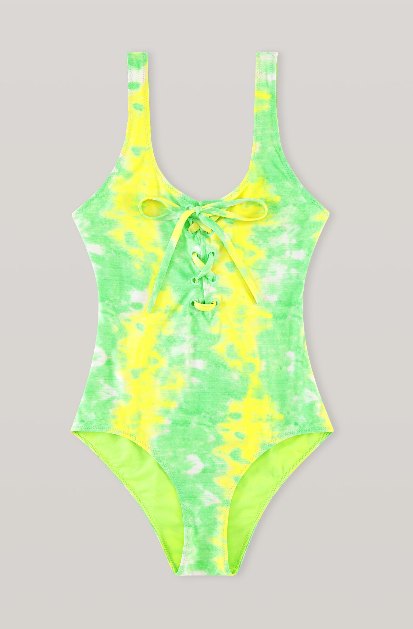 Recycled Printed Tie-front Swimsuit, Elastane, in colour Kelly Green - 1 - GANNI