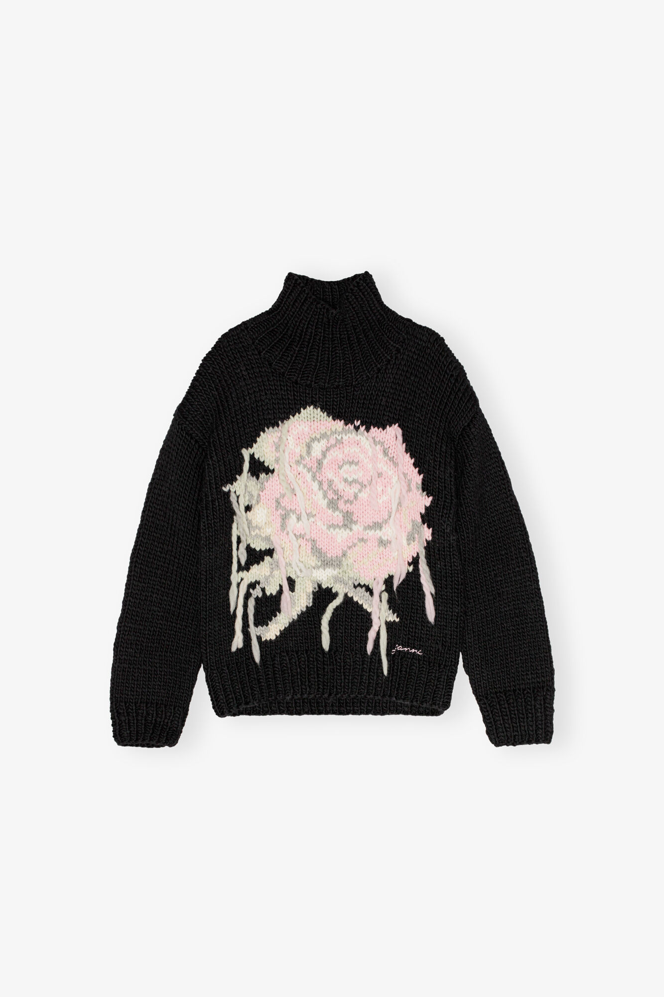 Black Handknit Turtleneck Jumper, Wool, in colour Black - 1 - GANNI