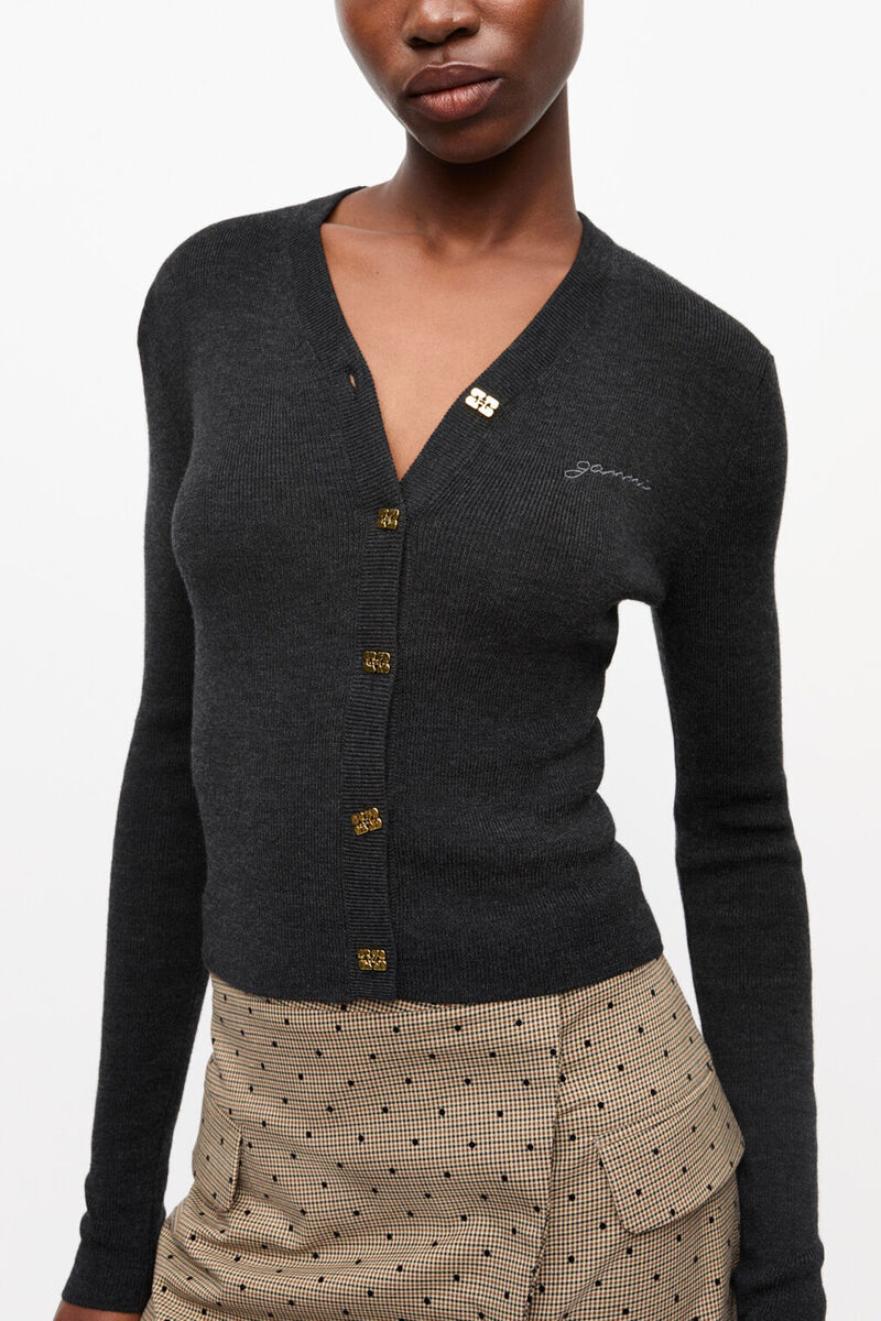 Mini-cardigan c&ocirc;tel&eacute; en laine m&eacute;rinos noire, Merino Wool, in colour Phantom - 1 - GANNI