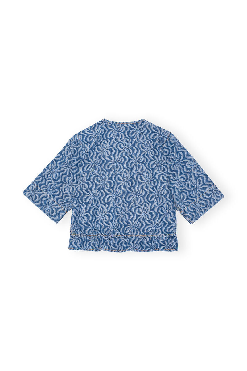 Blue Jacquard Denim Flounce Tie Blouse, Cotton, in colour Mid Blue Stone - 2 - GANNI