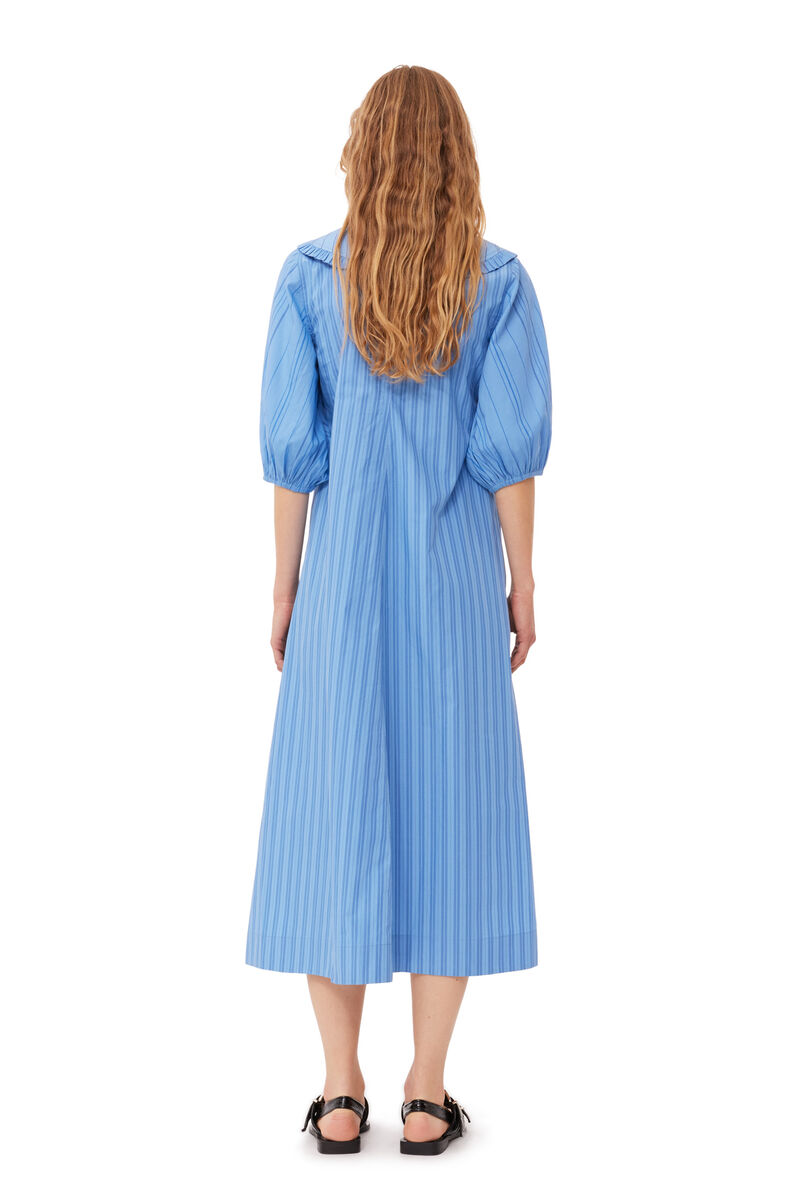 Re-cut Striped Cotton V-Neck Maxi Dress, Cotton, in colour Silver Lake Blue - 2 - GANNI