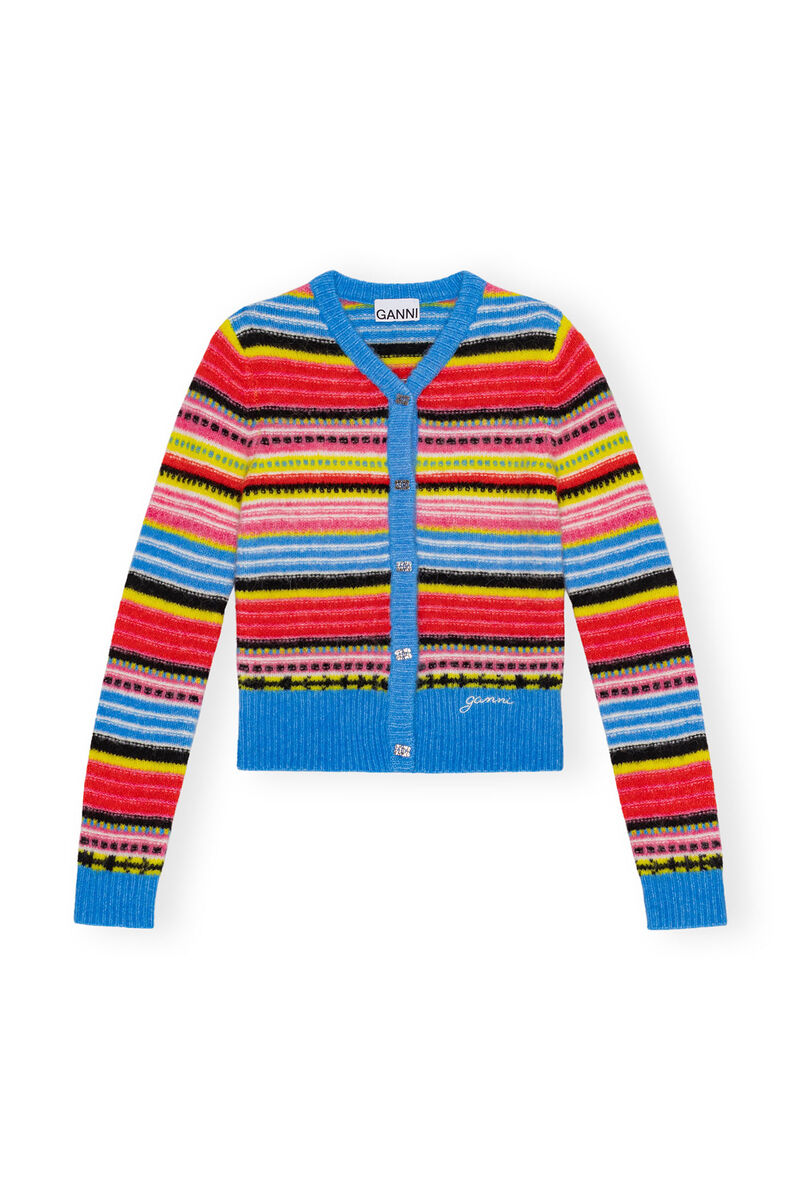 Striped Soft Wool Cardigan, Alpaca, in colour Multicolour - 1 - GANNI