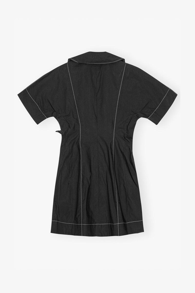 Black Cotton Poplin Wrap Mini Dress, Organic Cotton, in colour Black - 2 - GANNI