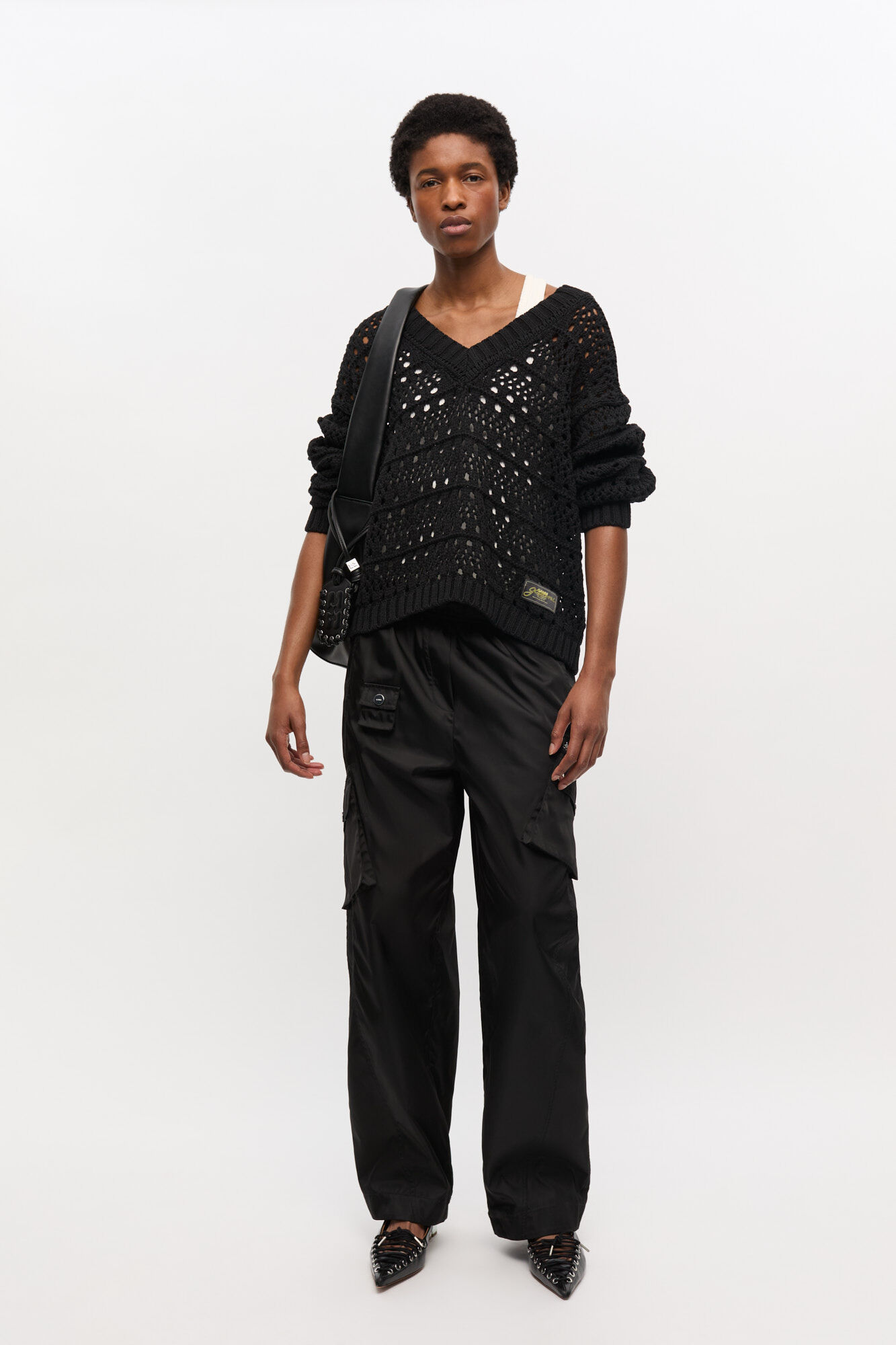 Black Crochet V-neck Jumper, Recycled Cotton, in colour Black - 2 - GANNI