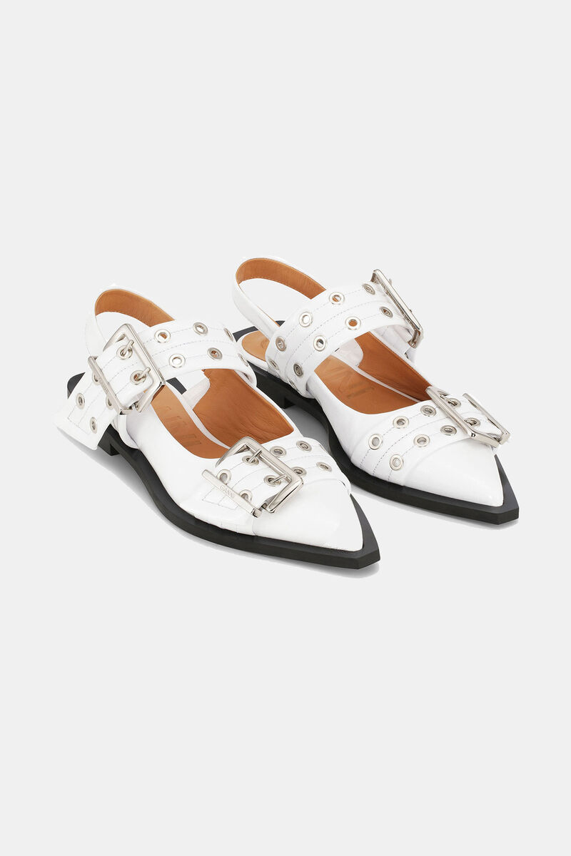 White Wide Welt Buckle Ballerinas, Calf Leather, in colour Egret - 3 - GANNI
