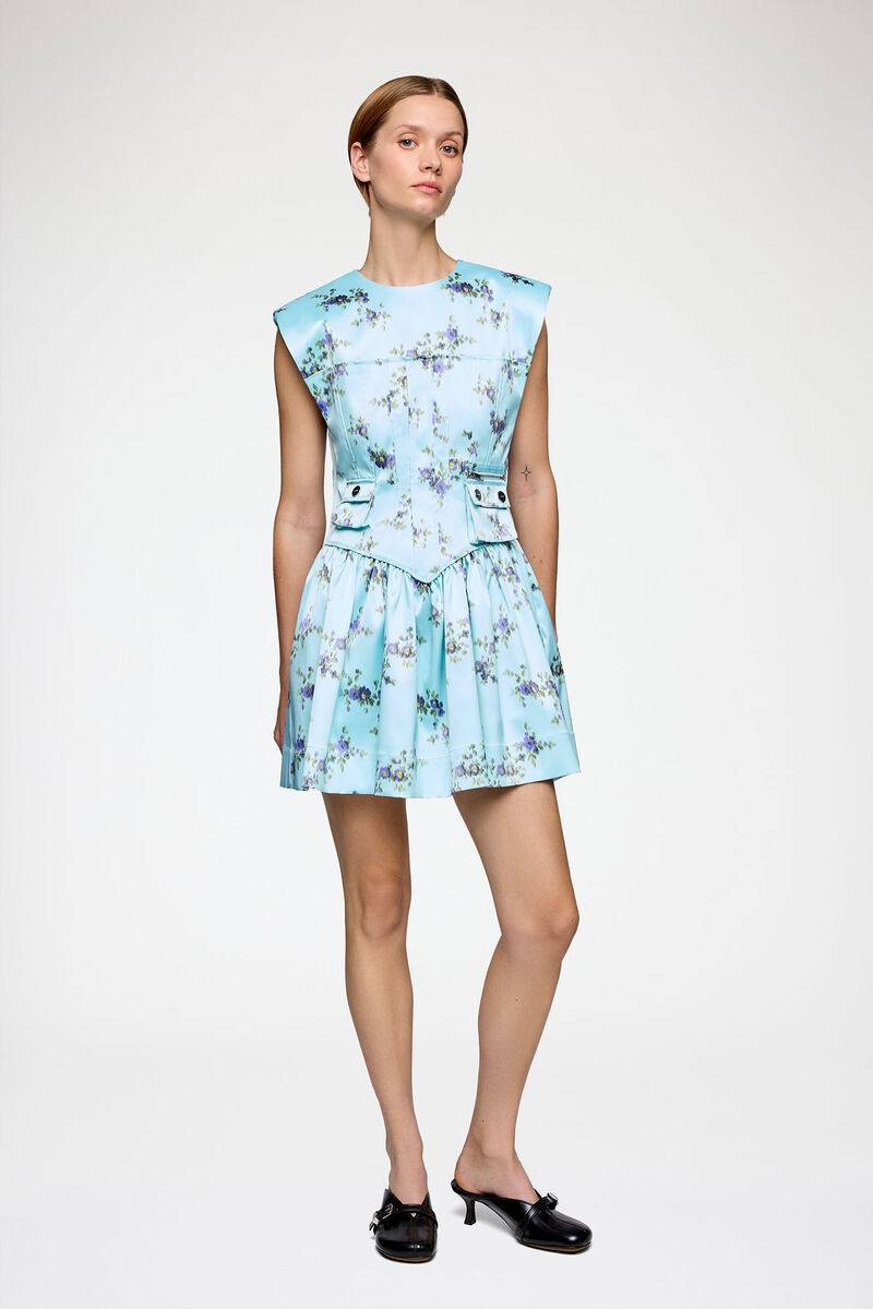 Dress in Printed Satin, Recycled Polyester, in colour Iced Aqua - 1 - GANNI