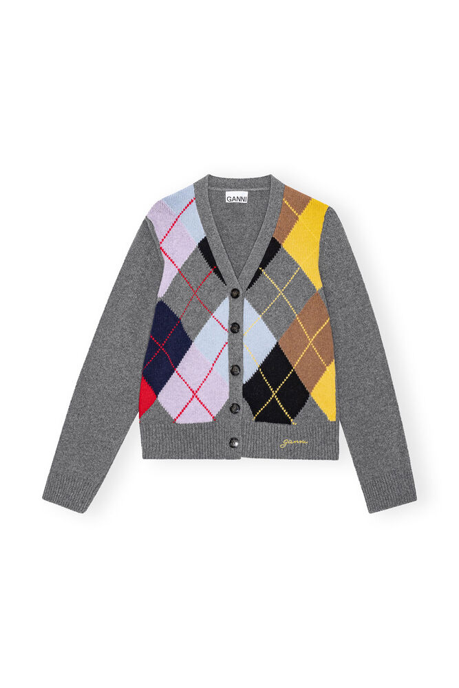 Harlequin Wool Mix Knit Cardigan, Frost Gray