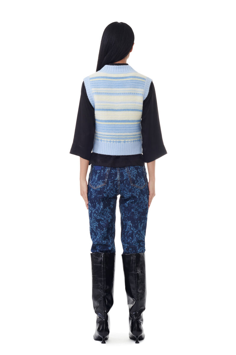 Blue Striped Soft Wool Vest, Alpaca, in colour Skyway - 4 - GANNI