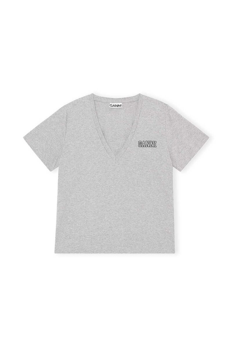 Thin Software Jersey V-neck T-shirt, Cotton, in colour Paloma Melange - 1 - GANNI