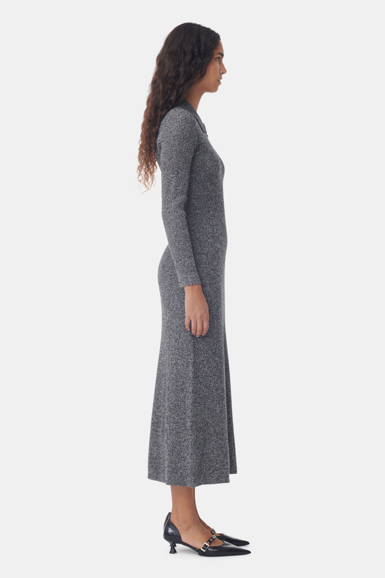 Grey Collar Maxi Dress, Cashmere, in colour Ebony Melange - 3 - GANNI