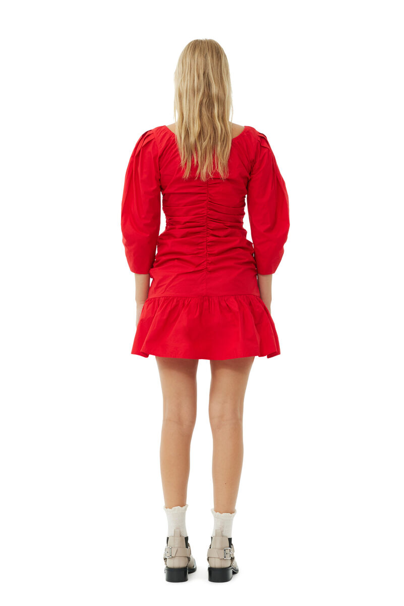 Red Cotton Poplin Gathered U-neck Mini Dress, Cotton, in colour Racing Red - 4 - GANNI