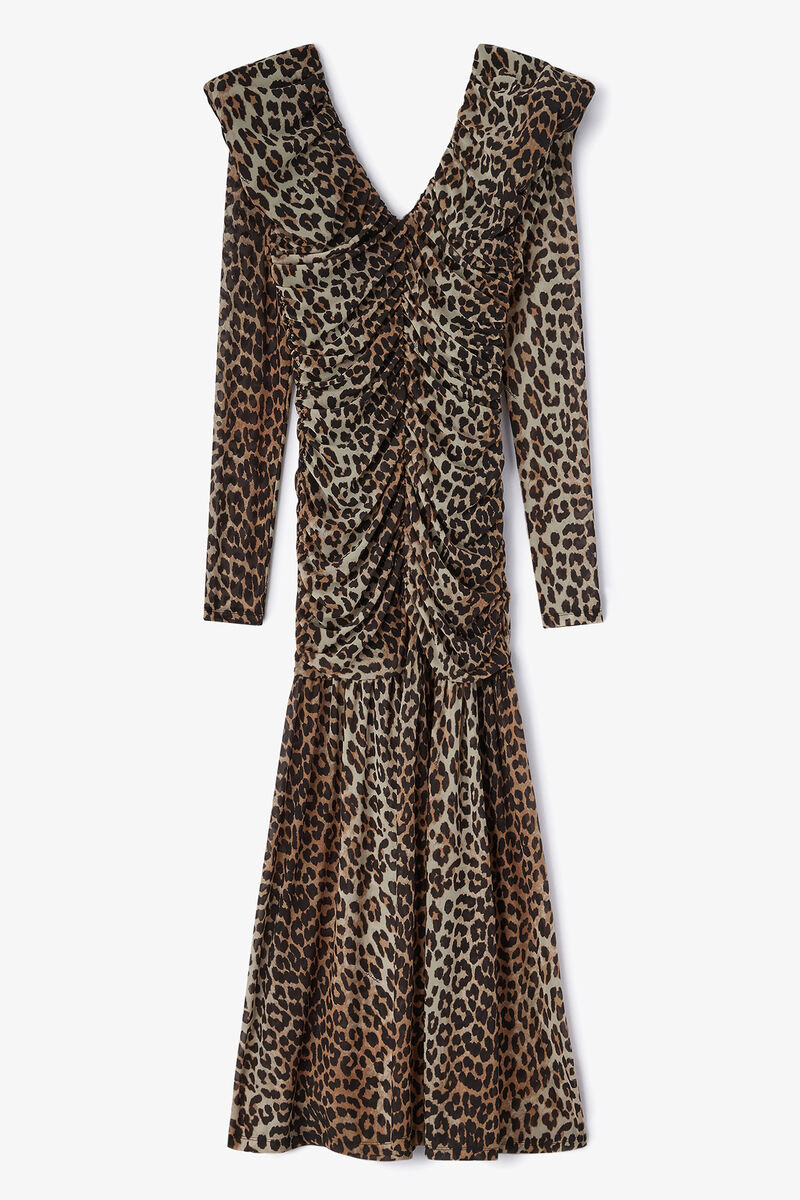 Dress in Leopard Mesh, Recycled Polyester, in colour Big Leopard Almond Milk - 1 - GANNI