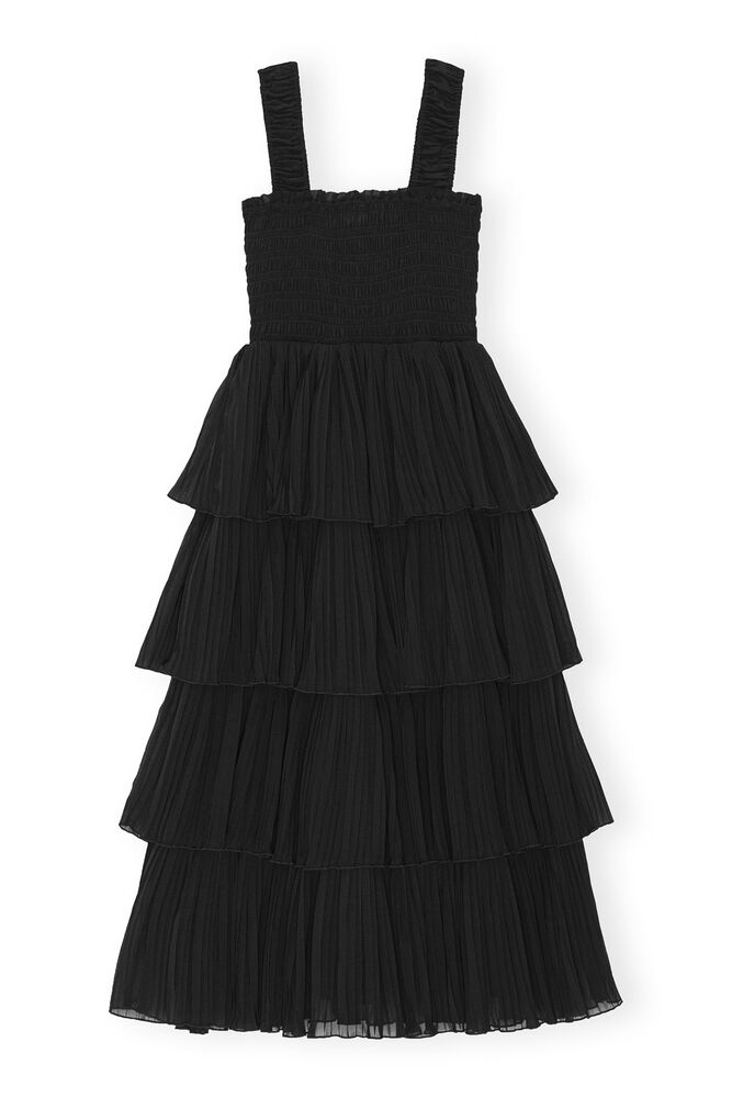 Black Pleated Georgette Flounce Smock Midi Dress, Black