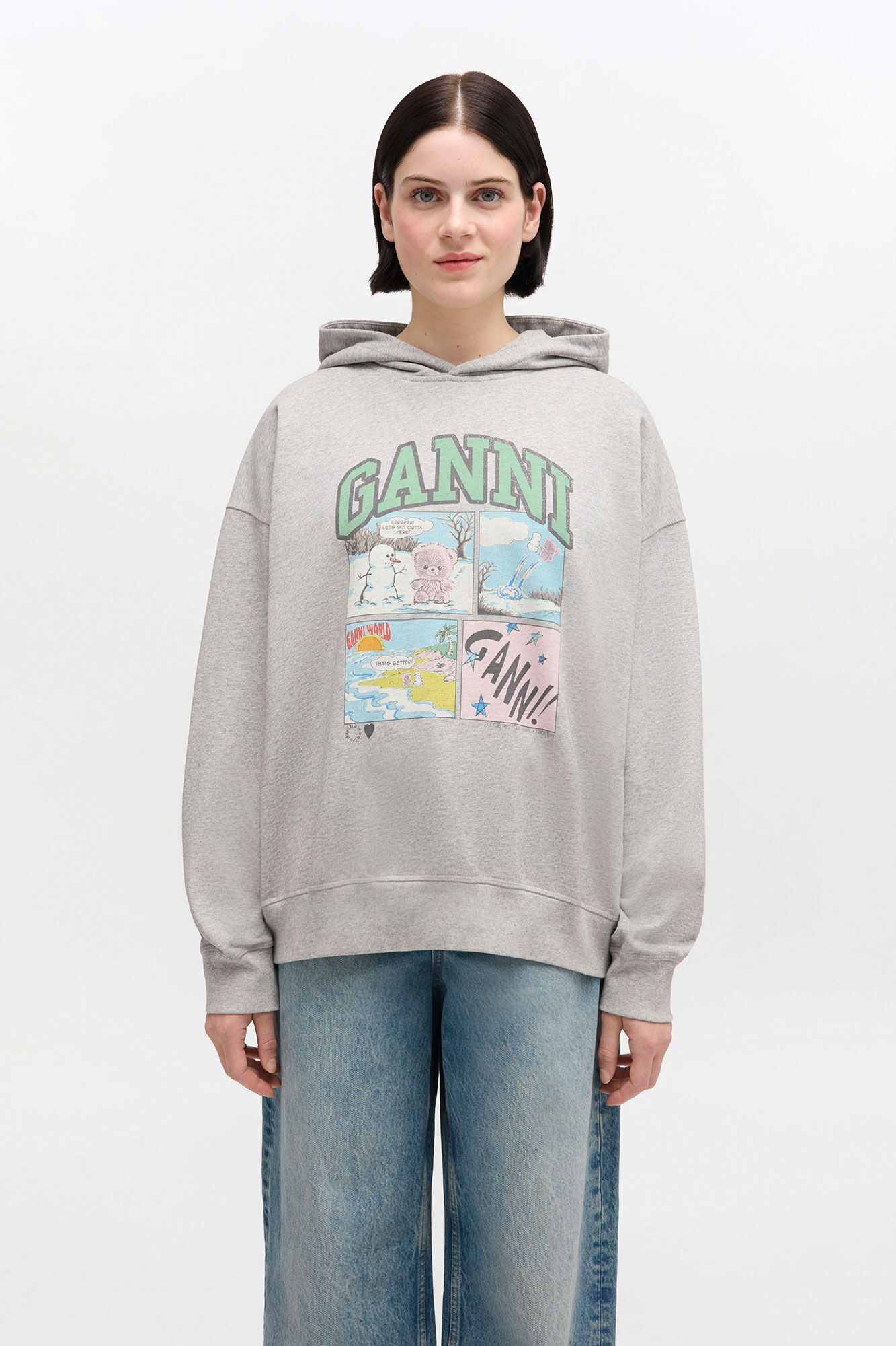 Grey Bear Comic Hoodie, Organic Cotton, in colour Paloma - 1 - GANNI