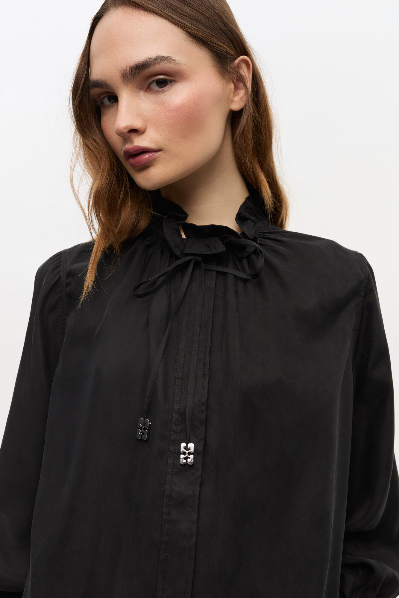 Black Fluid Cupro Tie Shirt, Cupro, in colour Black - 3 - GANNI