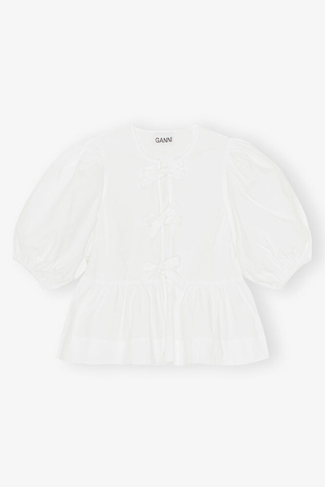 Cotton Poplin Peplum Tie Blouse, Bright White