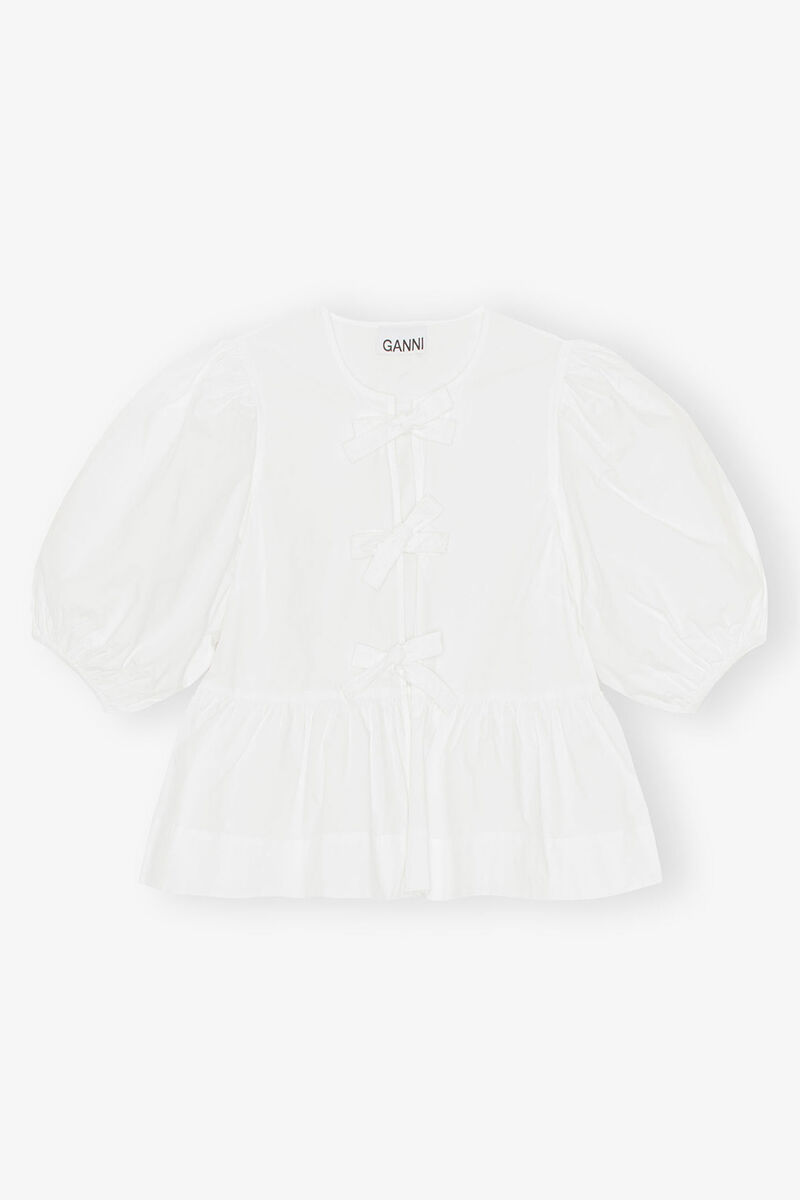 Cotton Poplin Peplum Tie Blouse, Organic Cotton, in colour Bright White - 1 - GANNI