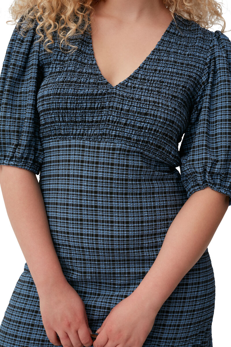 Seersucker Midi Dress, Elastane, in colour Mini Check Granada Sky - 4 - GANNI