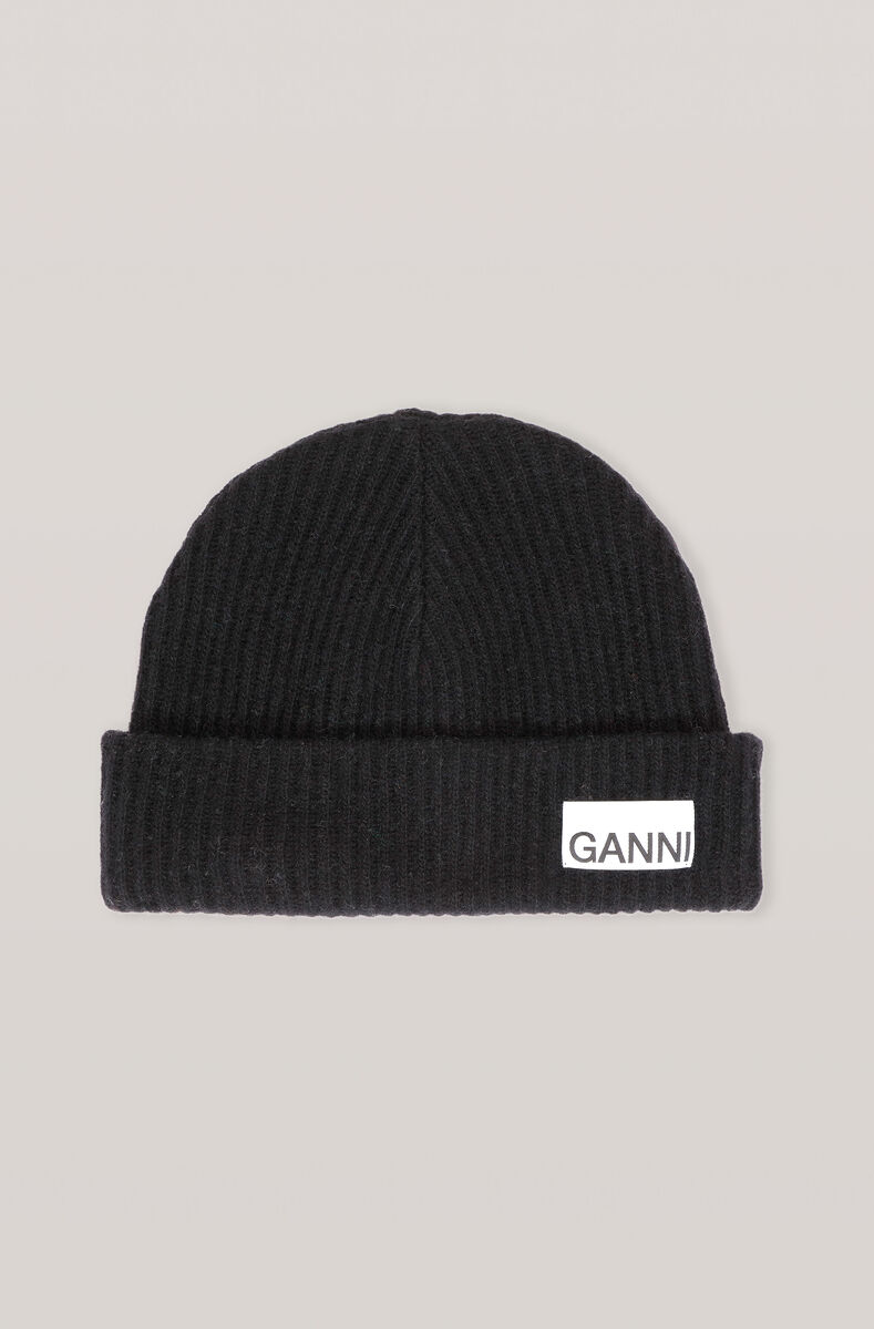 Recycled Wool Knit Beanie, Wool, in colour Black - 1 - GANNI