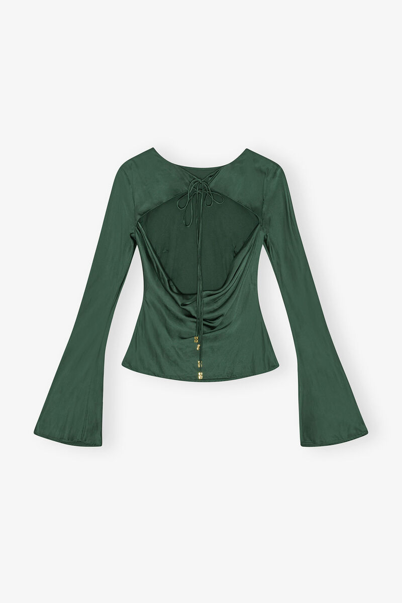 Green Satin Blouse, Elastane, in colour Pineneedle - 2 - GANNI