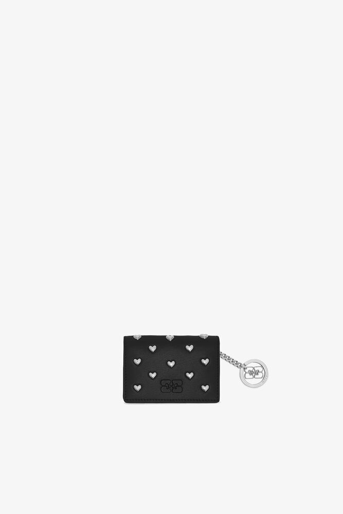Bou Card Holder With Flap in Black Studs, Black