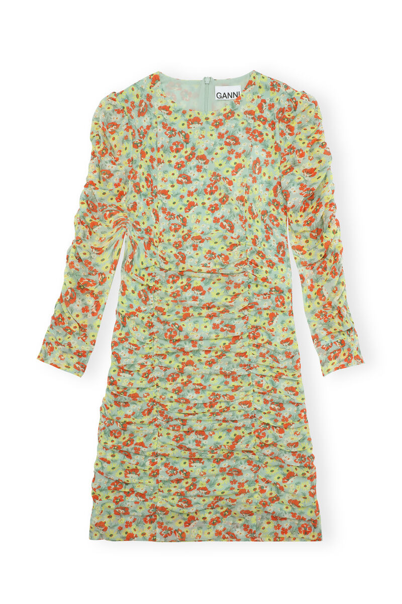 Printed Mesh Mini Dress, Recycled Nylon, in colour Meadow Celadon Green - 1 - GANNI