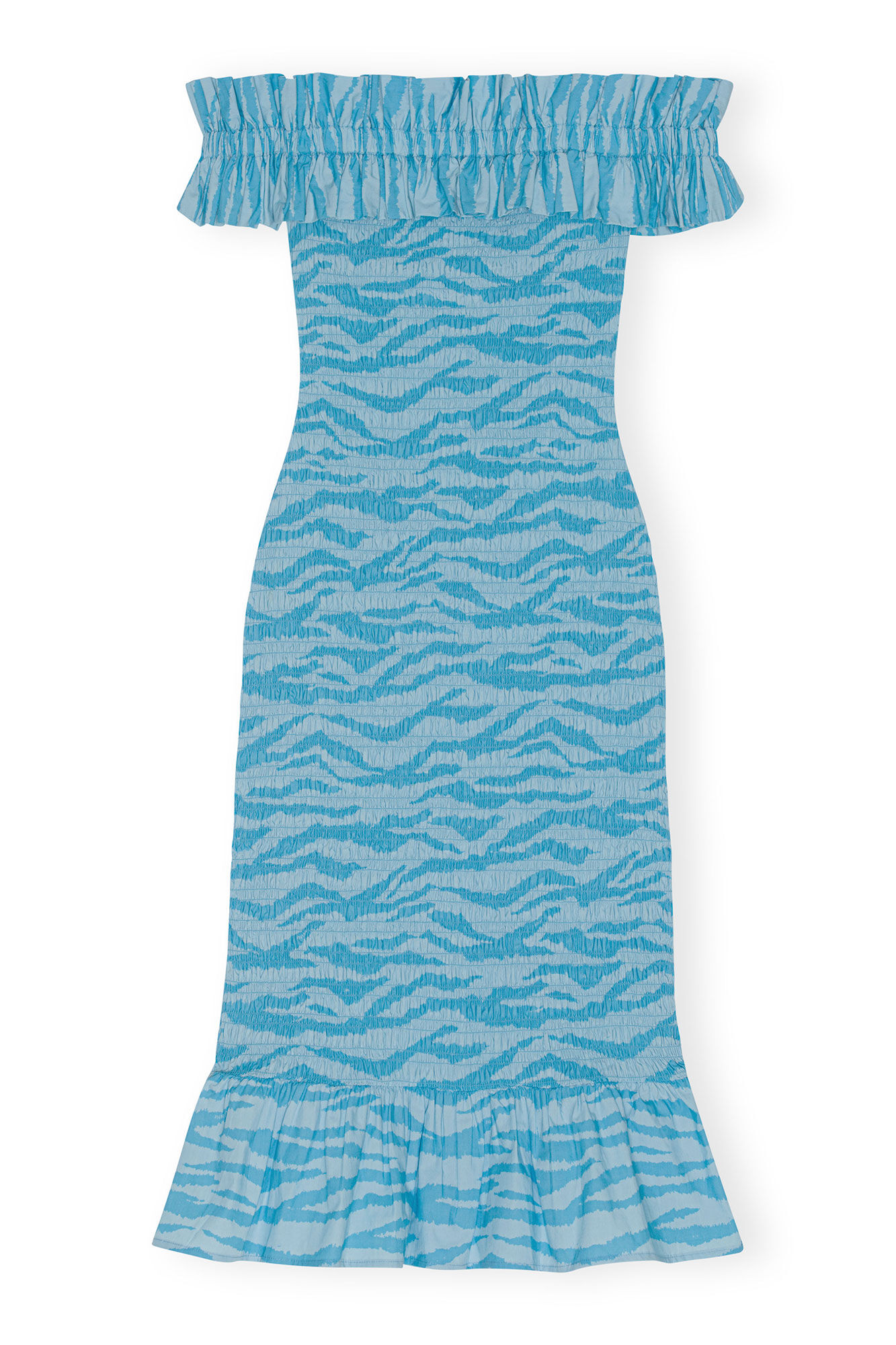 Printed Cotton Off-shoulder Smock Midikjole, Cotton, in colour Ethereal Blue - 1 - GANNI