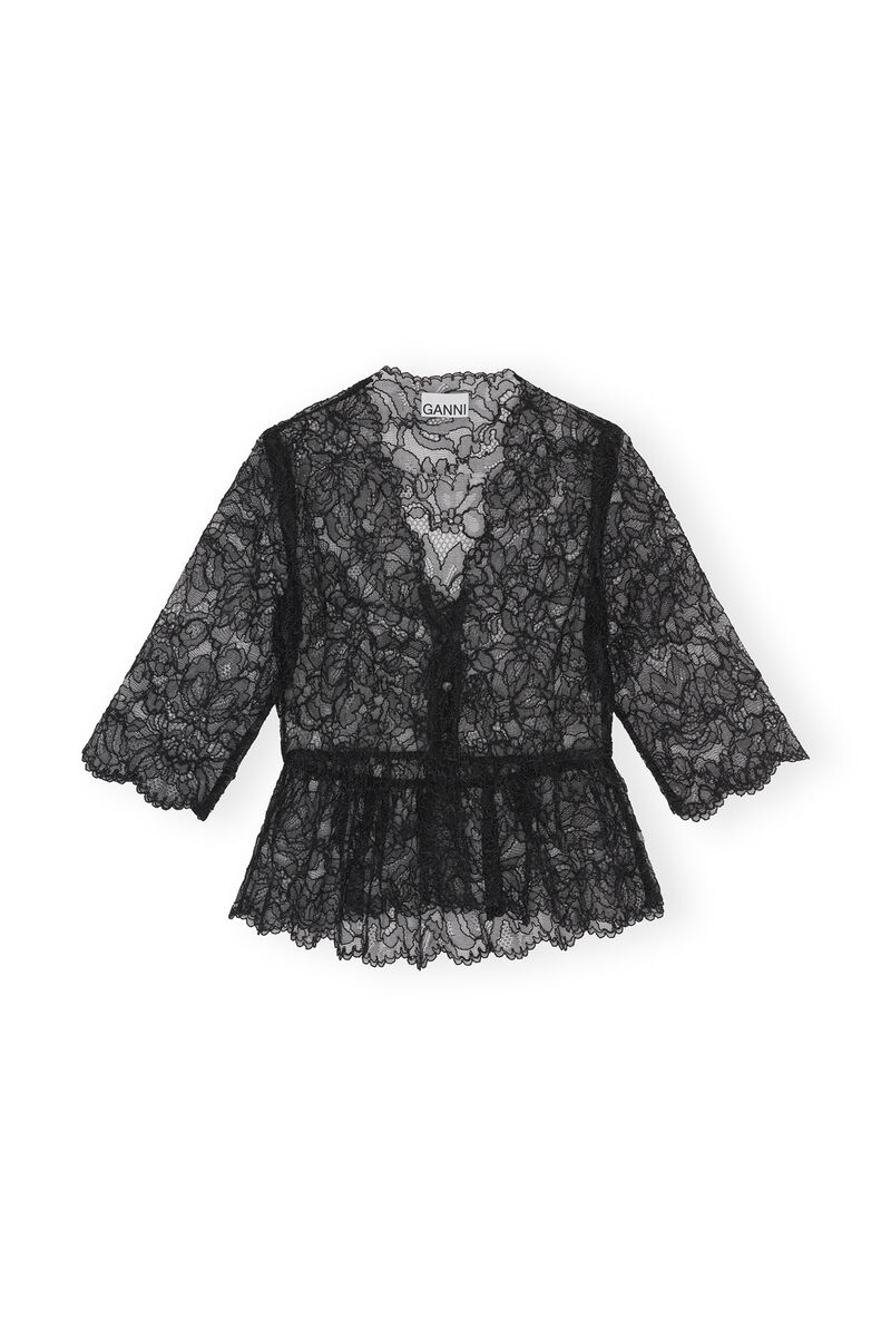 Black Light Lace V-neck Bluse, Organic Cotton, in colour Black - 1 - GANNI