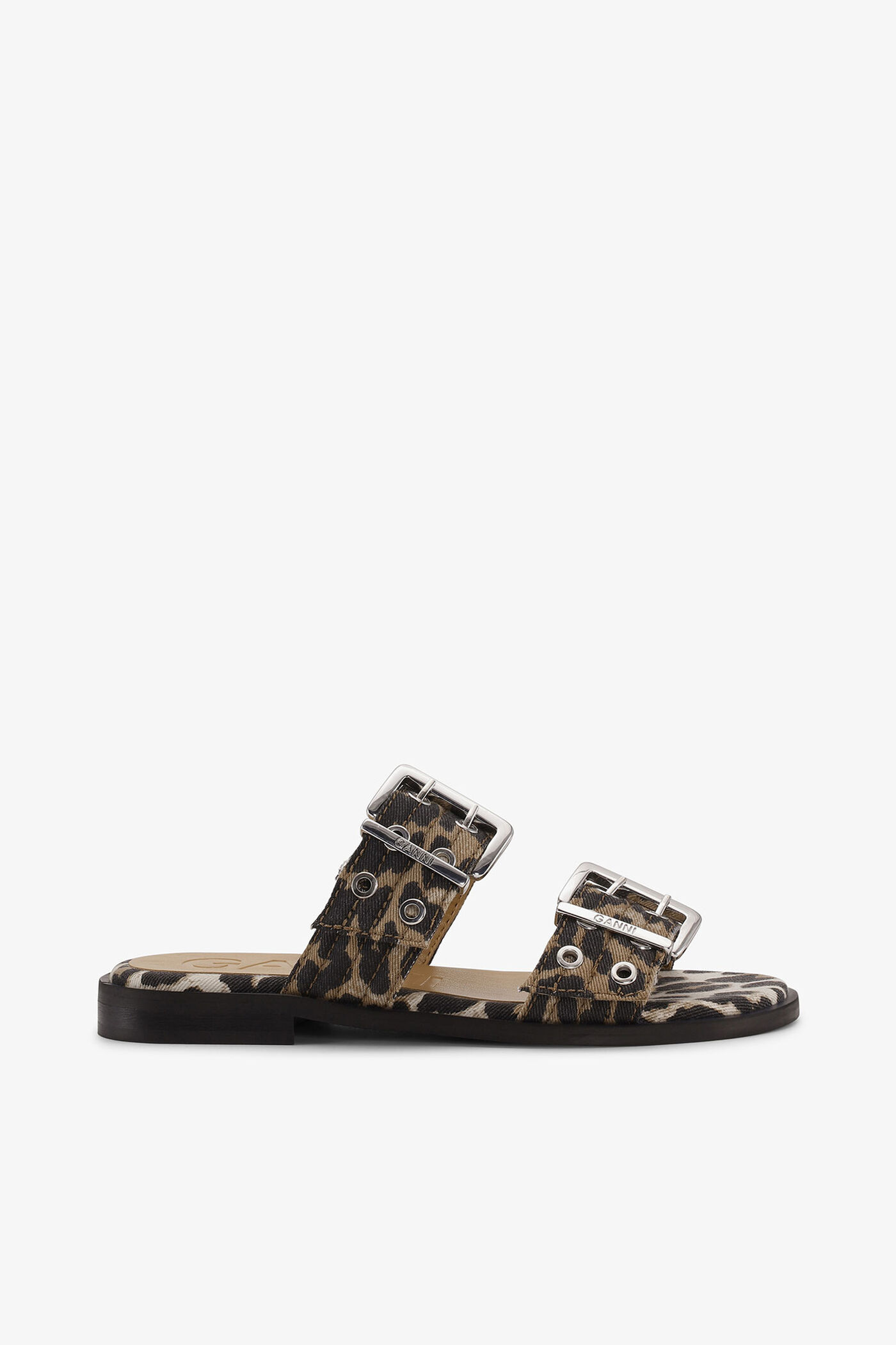 Feminine Buckle Two-Strap Sandals in Leopard Denim