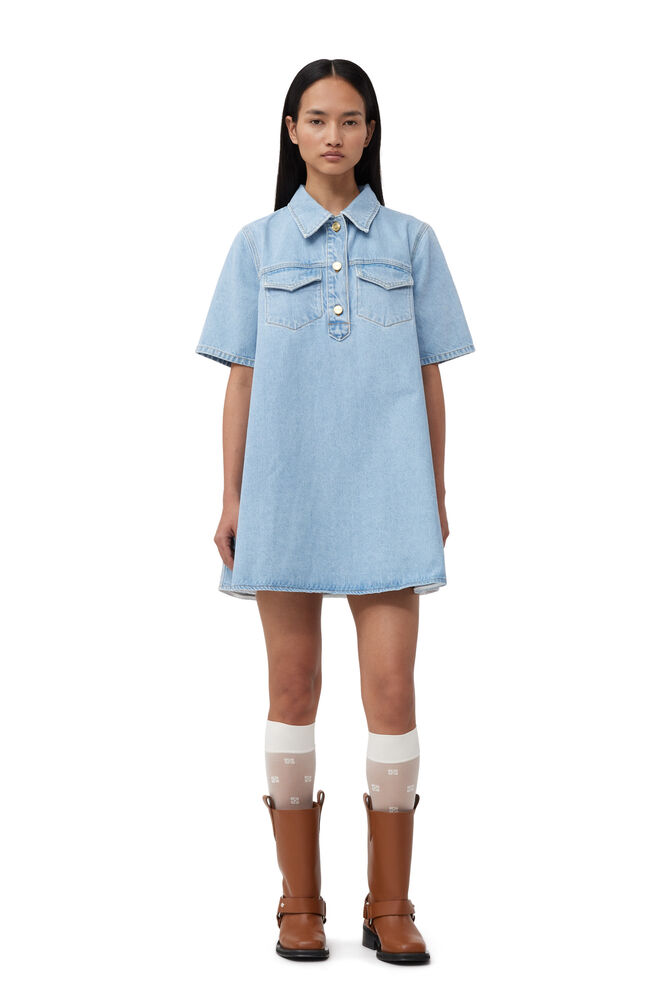 GANNI Cutline Denim Mini Dress,Mid Blue Vintage
