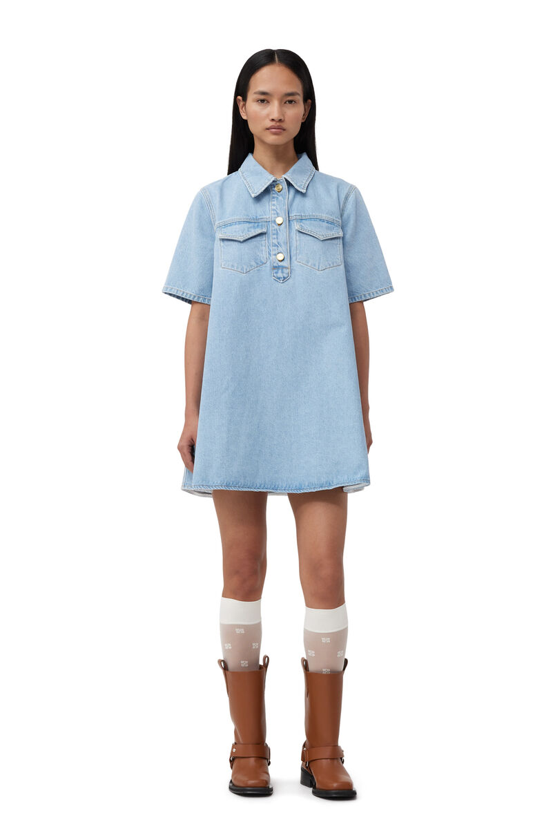 Cutline Denim Mini-kjole, Cotton, in colour Mid Blue Vintage - 1 - GANNI