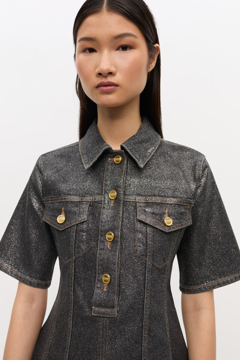 Shimmery Foil Denim Mini Dress, Cotton, in colour Washed Black/Black - 4 - GANNI