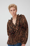 Pleated Georgette V-neck Ruffle Blouse, Polyester, in colour Tiger's Eye - 1 - GANNI