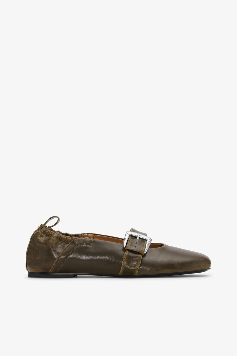 Buckle Strap Ballerinas in Dark-Olive, Oleatex&trade;, in colour Dark Olive - 1 - GANNI