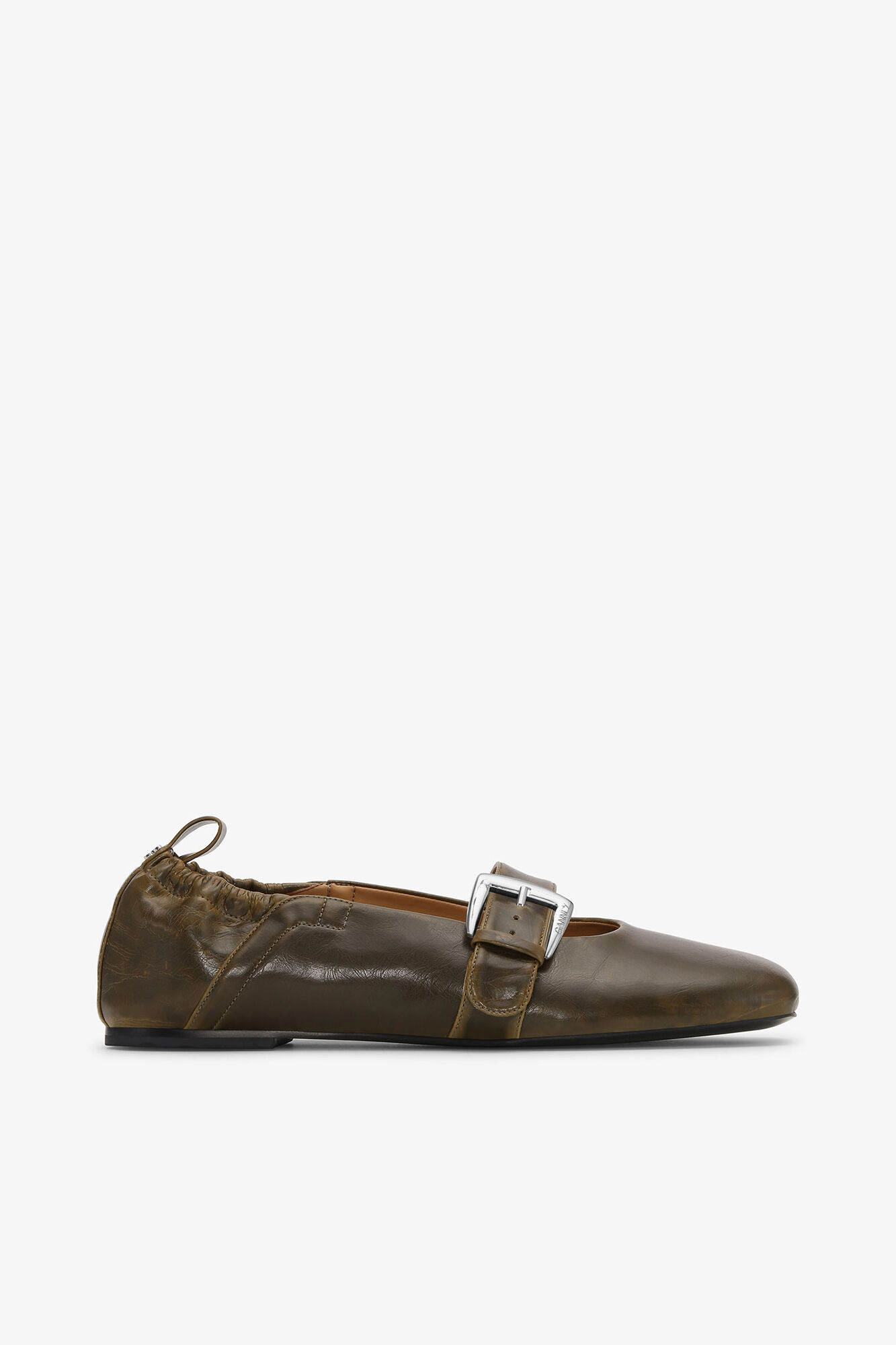 Buckle Strap Ballerinas in Dark-Olive, Oleatex&trade;, in colour Dark Olive - 1 - GANNI