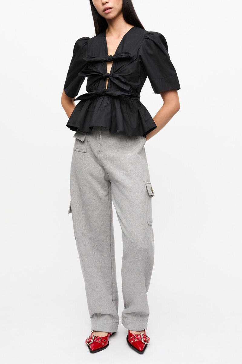 Sort bluse med bindeb&aring;nd, Organic Cotton, in colour Black - 3 - GANNI