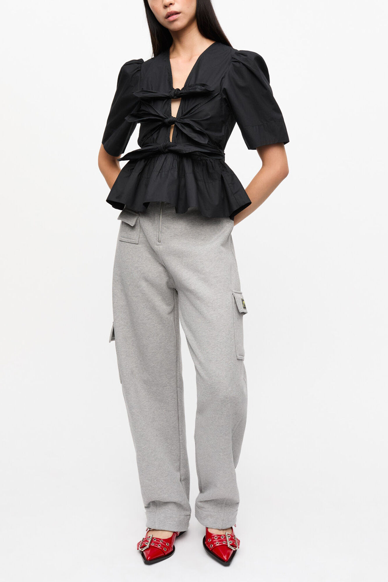 Sort bluse med bindeb&aring;nd, Organic Cotton, in colour Black - 3 - GANNI