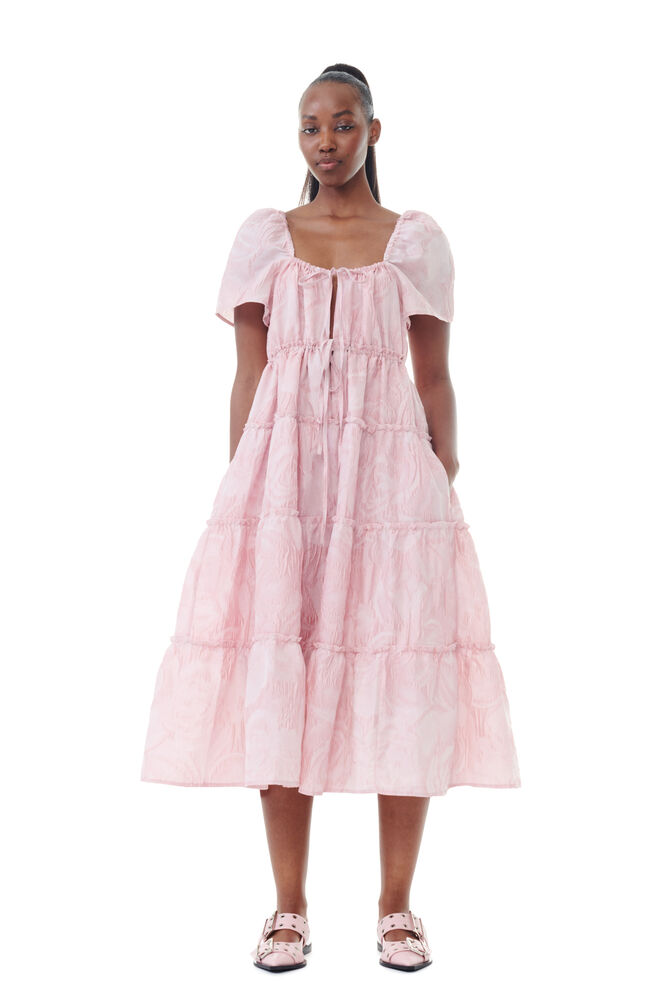 GANNI Pink Textured Cloque Layer Dress,Bleached Mauve