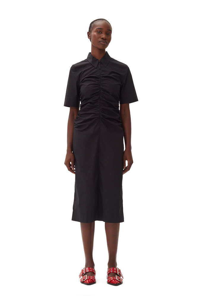 Black Cotton Poplin Gathered Midi Dress, Black