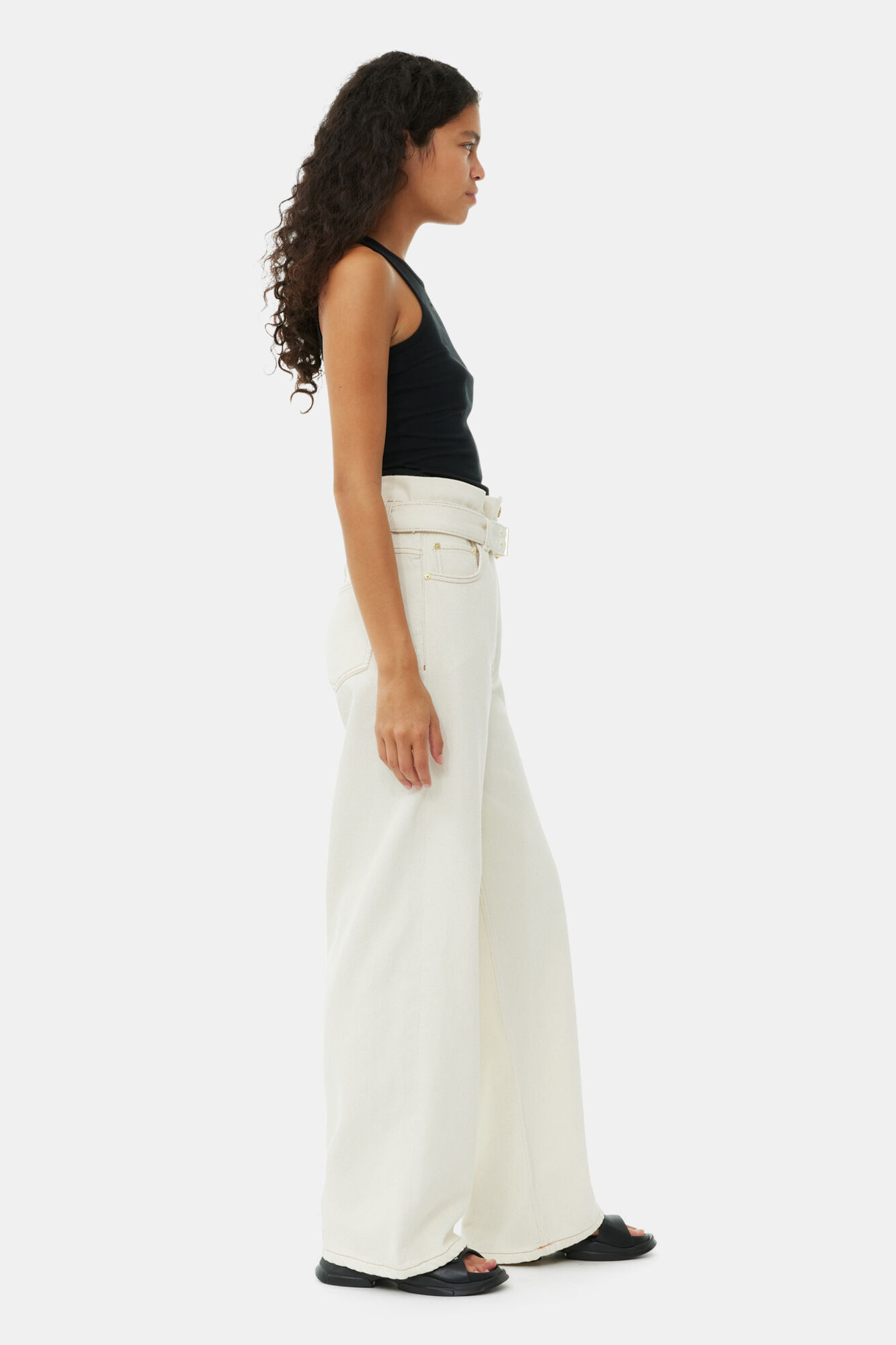 White Heavy Denim Paperbag Jeans, Cotton, in colour Egret - 3 - GANNI