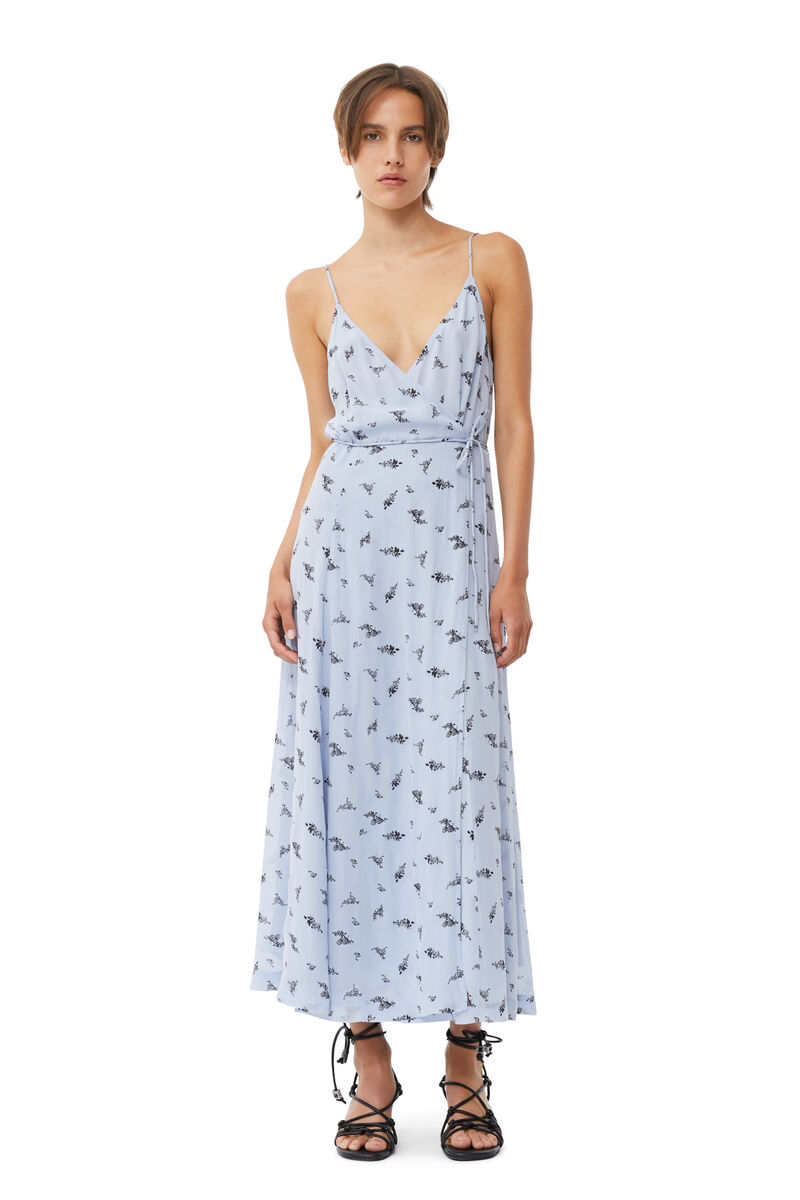 Printed Georgette Strap Wrap Dress, Viscose, in colour Brunnera Blue - 1 - GANNI