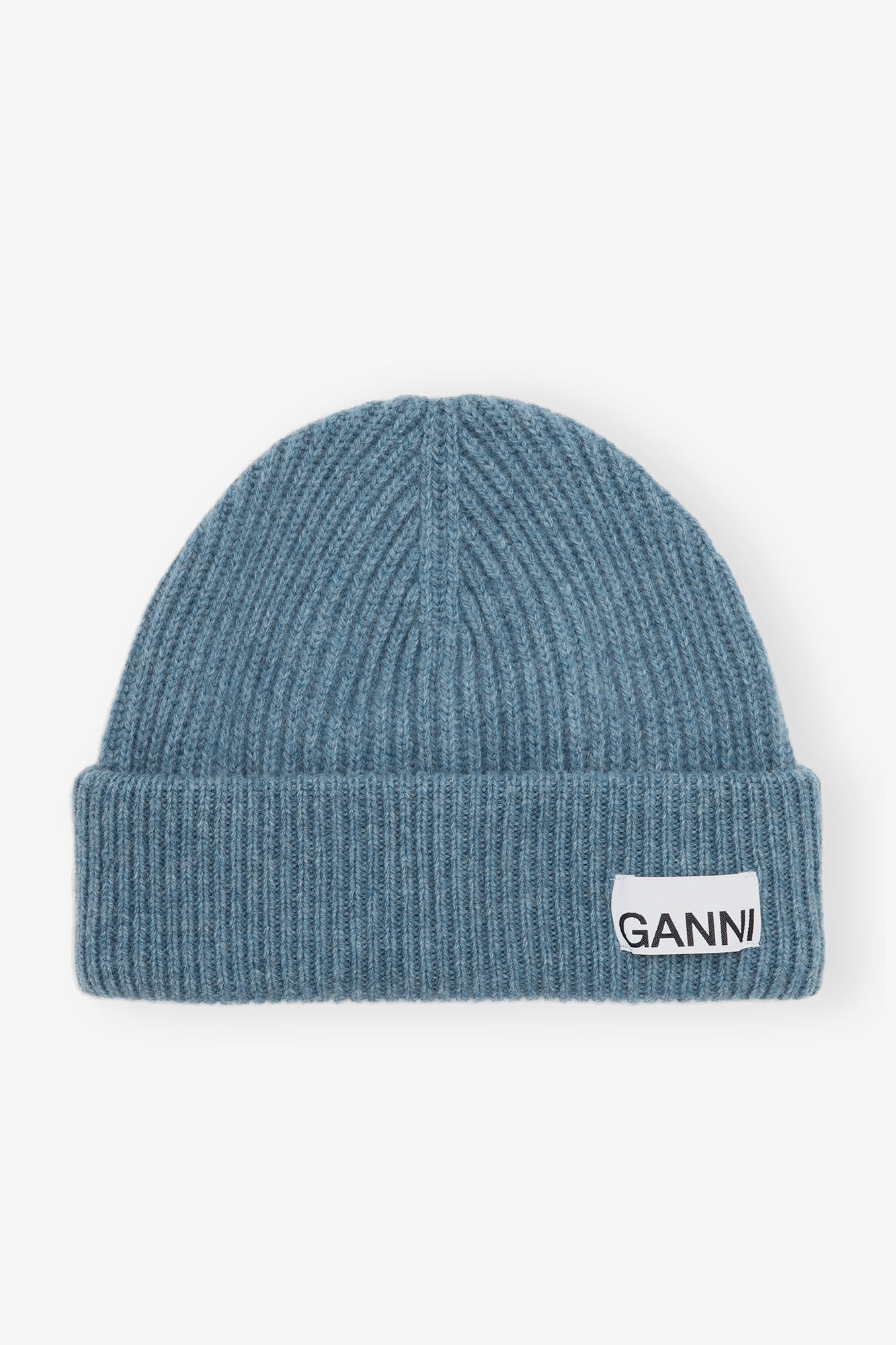 Blue Fitted Rib Knit Wool Beanie, Recycled Polyamide, in colour Dusty Blue - 1 - GANNI