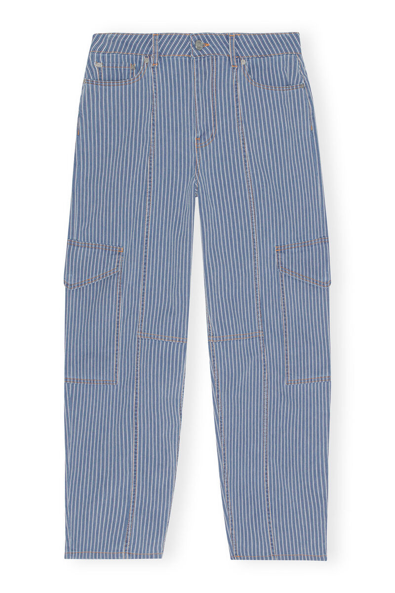 Light Stripe Denim Cargo Pants, Elastane, in colour Mid Blue Stone - 1 - GANNI