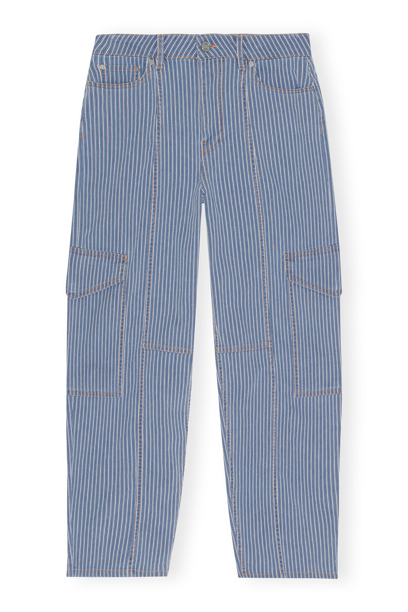 Light Stripe Denim Cargo Pants, Elastane, in colour Mid Blue Stone - 1 - GANNI