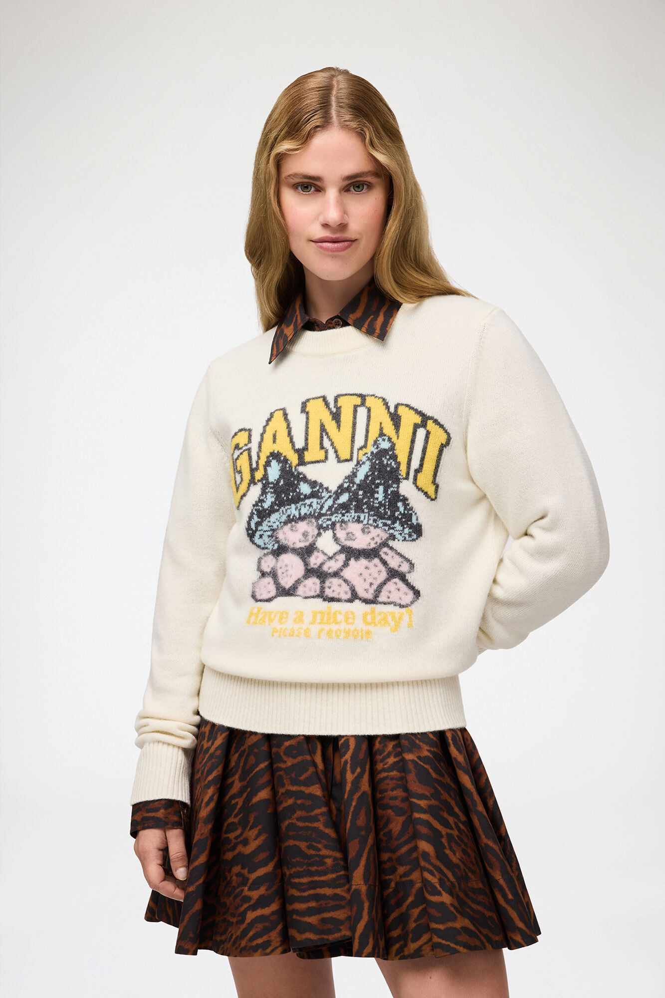 Jumper with Mushroom Teddy, Wool, in colour Egret - 1 - GANNI